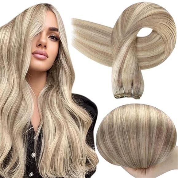 Full Shine Weft Hair Extensions Ash Blonde Hair Wefts Human Hair Sew in Blonde - Picture 14 of 16